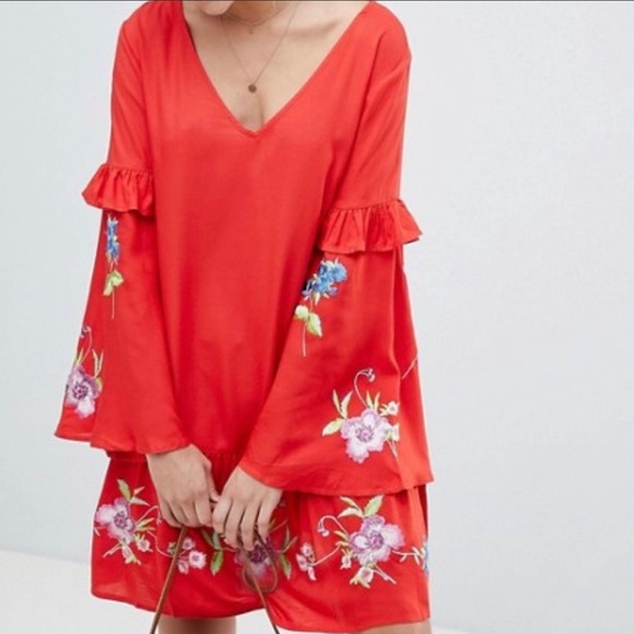 asos red embroidered dress ARRANGE embroidered drape back midi dress with fringe hem in red